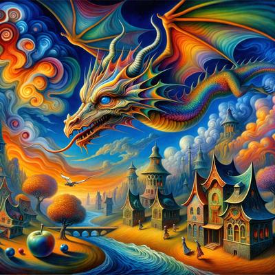 Primary subject: A colorful dragon with a long neck and a blue apple in its mouth.

Setting/background: A city with buildings, a bridge, and a river.

Visual style: Digital art.

Colors and mood: The dragon is blue, green, and orange, creating a vibrant and lively atmosphere.